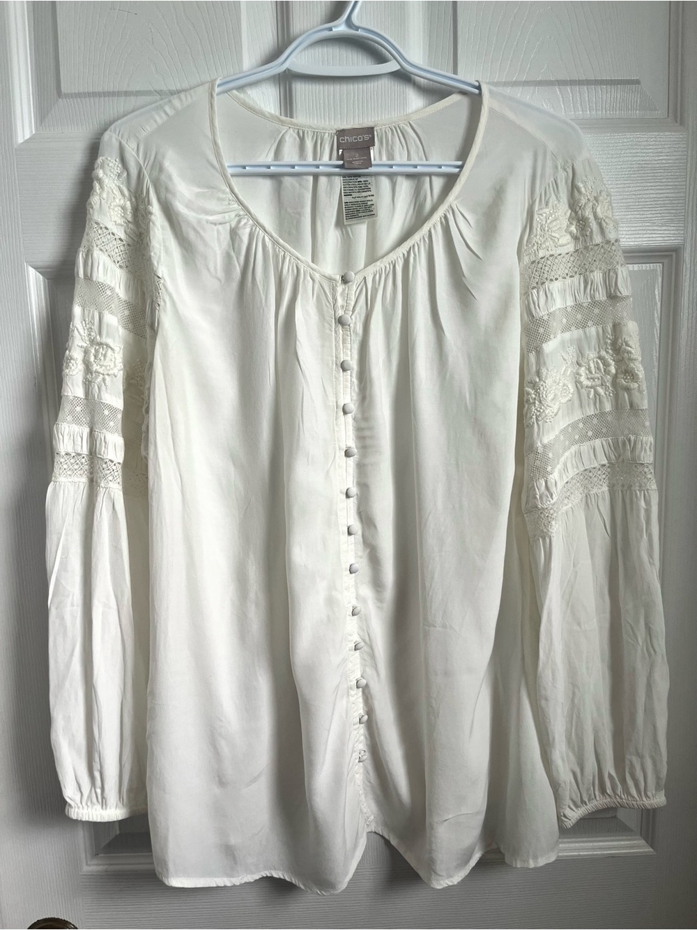Chico’s Blouse Top Boho Lace White Large Long Sleeve bohemian embroidered mesh